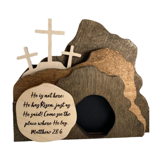 Jesucristo hecho a mano tumba vacía escena de Pascua cruz religiosa madera decoración de escritorio