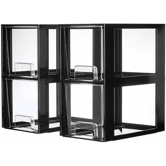4 Pack Large Stackable Storage Drawers,Black,Easily Assemble Acrylic Bathroom Closet Undersink Organizers and Storage,Plastic Bins for Kitchen Cabinets,Pantry,Makeup,Medicine Organization