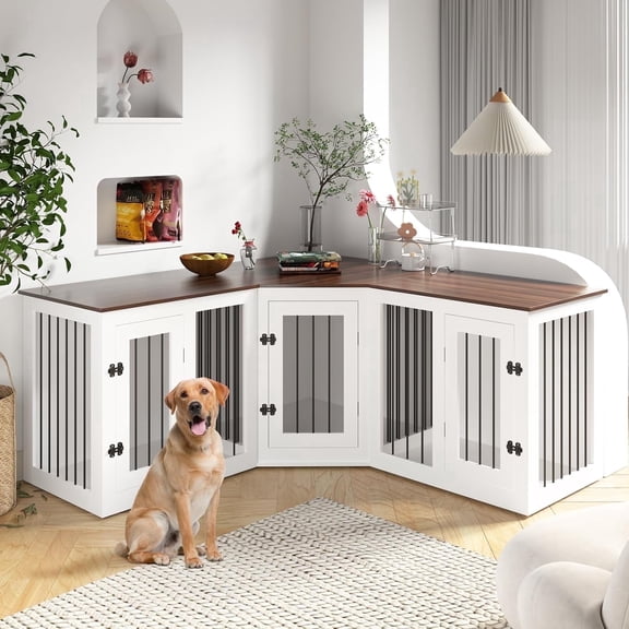 Akaber 80.7" Wooden Combinable Dog Crate Furniture for 3 Dogs with Lockable Doors, Divider