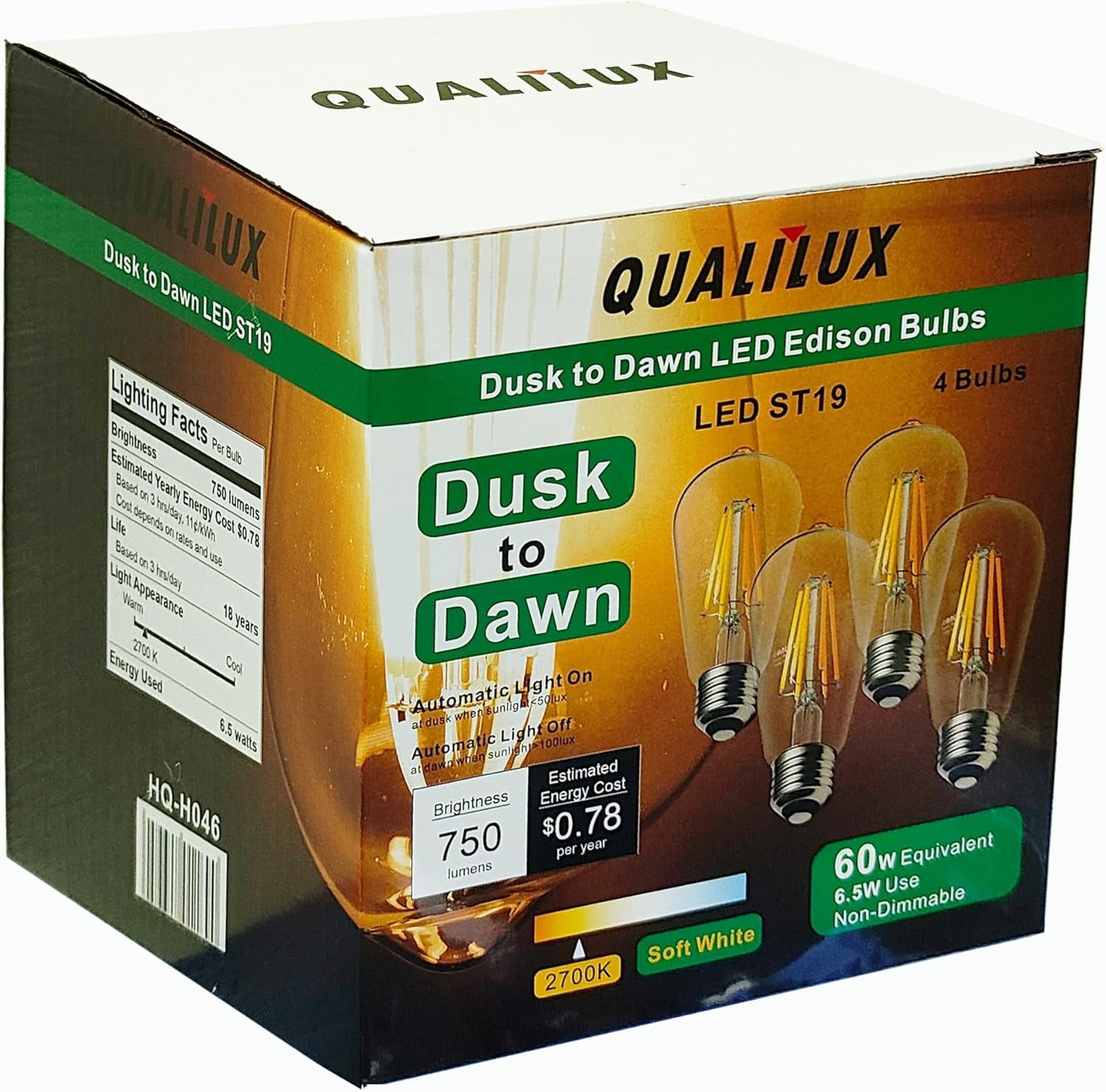 LXYWXS-Dusk to Dawn Edison Light Bulbs ST58(ST19), Soft White 2700K, 6.5W=60W, Non-Dimmable Auto On/Off, Light Sensing LED Filament Bulb Outdoor for Porch Patio Garage Garden,750LM, E26, 4-Pack