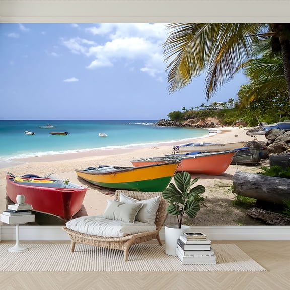 Wallpaper Puerto Rico Beach Boats Horizontal Peel and Stick Wall Murals 69"H x 96"W Removable PVC Wall Paper Self-Adhesive Wall Paintings Art Decor for Bedroom Living Room