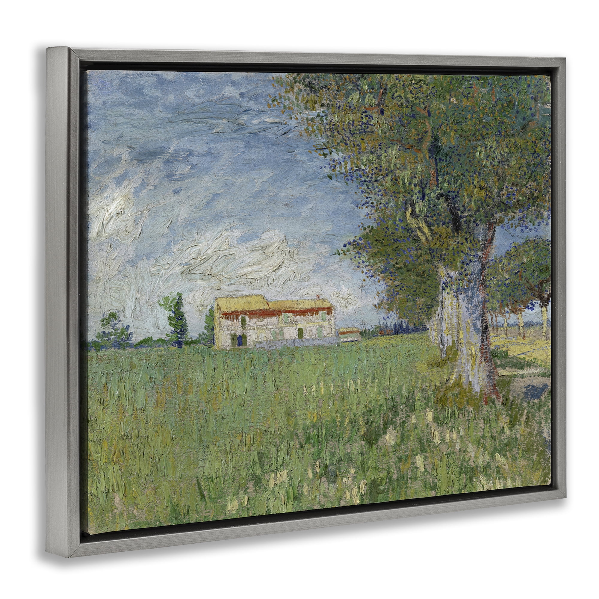 Stupell Industries Van Gogh Farmhouse in Corn Landscape & Nature Painting Gray Floater Framed Canvas Art Print Wall Art, 21 x 17