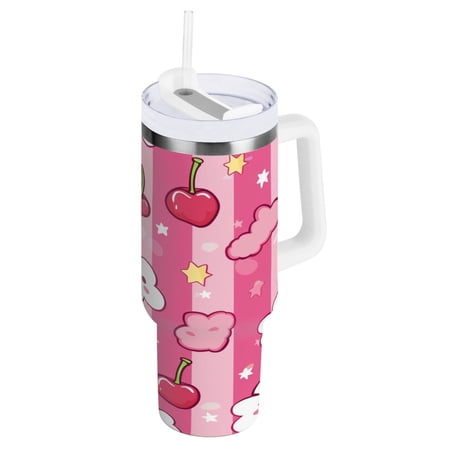 Clouds Cherries Star Tumbler with Handle and Straw Lid 40 oz Insulated Vacuum Water Bottle Stainless Steel Travel Cup