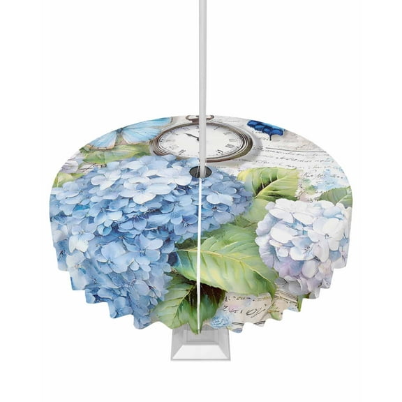 Fsddascl Blue Hydrangea Floral Outdoor Tablecloth - 60 Inch Round Dining Table Cover, Spring Retro Butterfly Botanical Waterproof Outdoor Table Cloth with Umbrella Hole & Zipper for Picnic/Patio