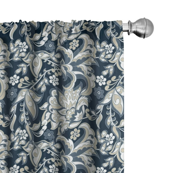 Ambesonne East Curtains, Oriental Eastern Flowers, Pair of 28"x84", Dark Blue Grey and Beige