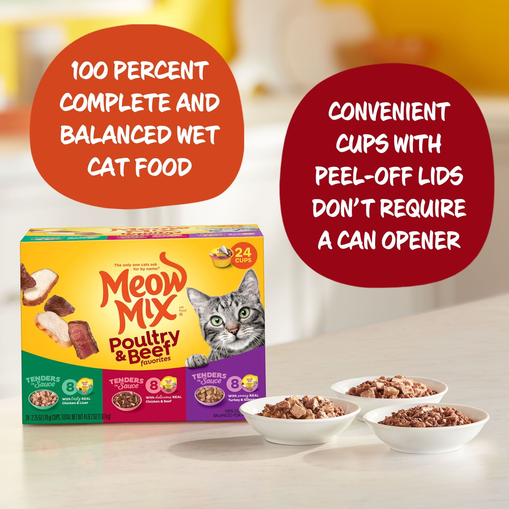 Meow Mix Tender Favorites Poultry Beef Wet Cat Food Variety Pack 2.75 Ounce Cups Pack of 12