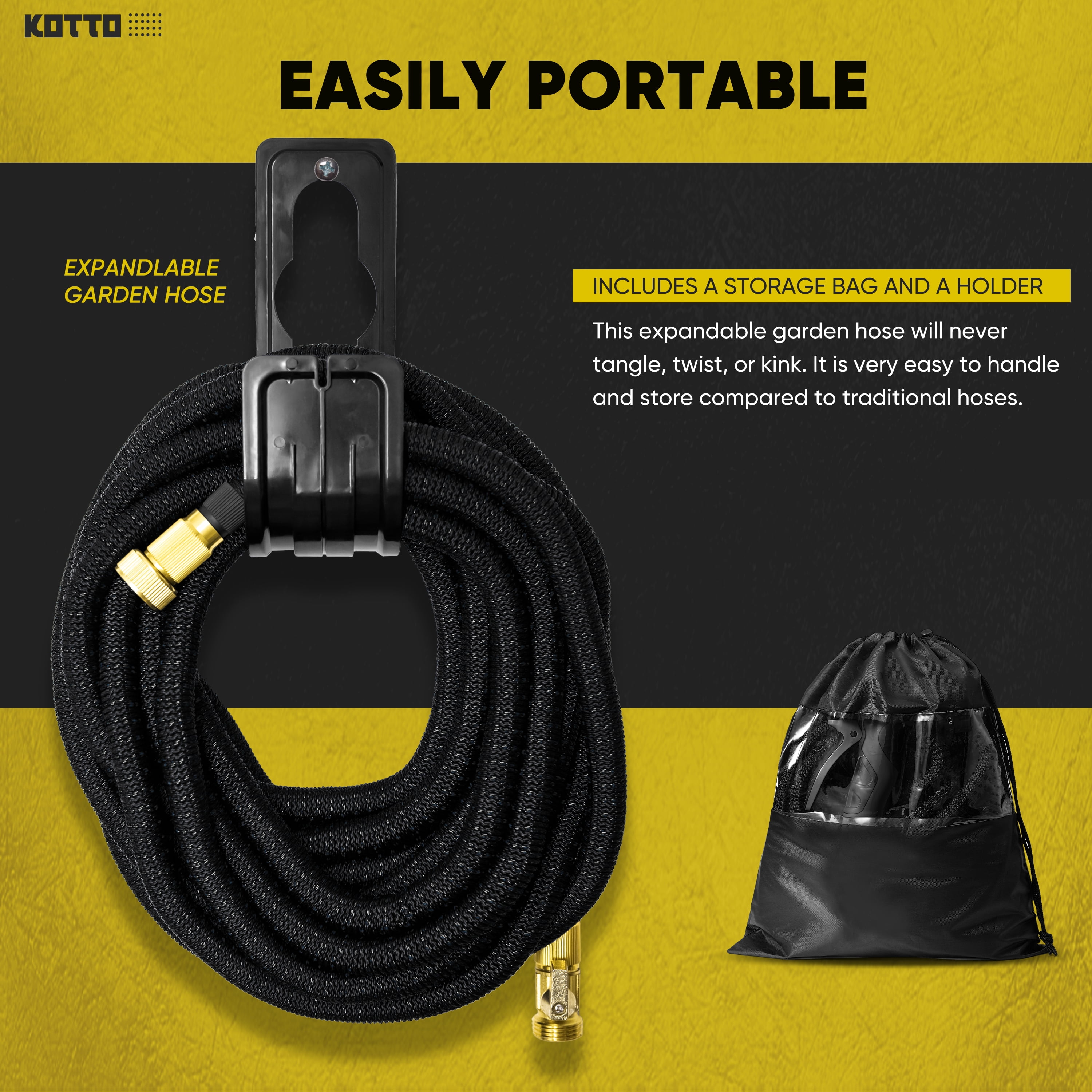 (2 pack) Kotto 75ft Flexible Garden Hose, Water Hose for Outside with 10 Spray Nozzles, Brass Connector, Leak-Proof, Black, Father's Day gifts