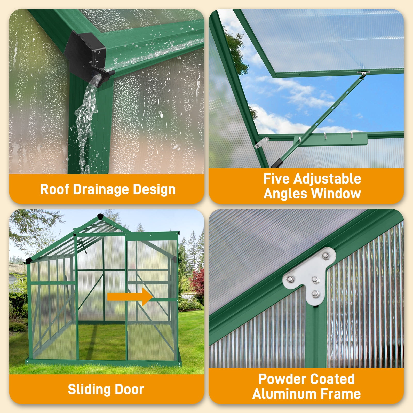 Seizeen 6x10FT Outdoor Greenhouse, Walk-in Green House Polycarbonate, Aluminium Frame Plant House for Gardening, with Adjustable Vent, 8 Supports, 62’’H Sliding Door, Green