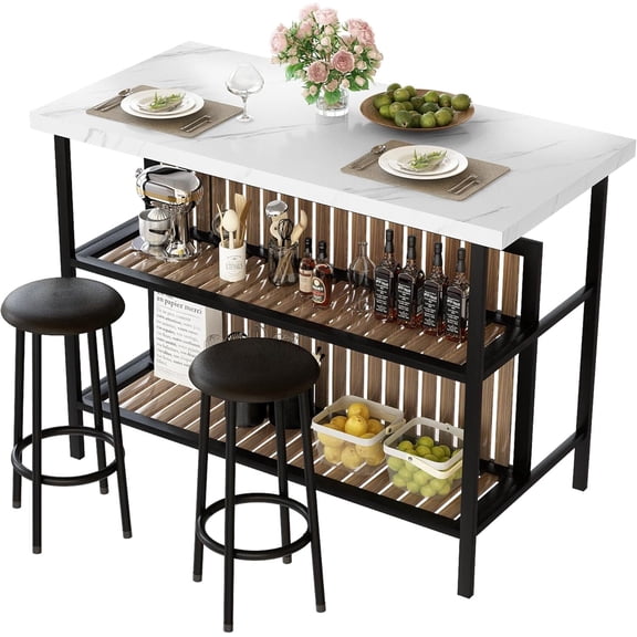 MOOSENG 3-Piece Kitchen Island Set with Storage, Wooden Bar Table and 2 Stools, Industrial Modern Counter Height Dining Table Sets for Small Spaces, Dining Room White