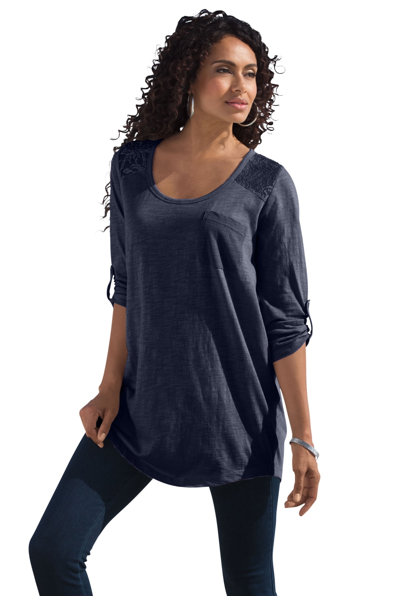 Cotton Slub Lace Tunic - 4X, Navy Blue 