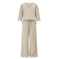 thumbnail image 7 of Lekode Womens Linen Set Solid Blouses Tops Summer Vacation Clothes Matching Wide Leg Lounge Pants V Neck Two Piece Sets for Women Linen Pants Set Casual Loungewear Simple 2 Piece Set Beige Xl, 7 of 7