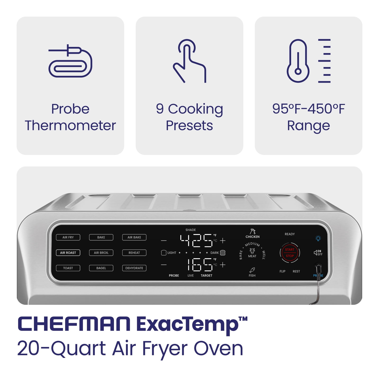 Chefman Air Fryer Toaster Oven Combo with Probe Thermometer, 12-in-1 Stainless Steel