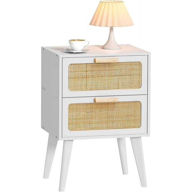 Rattan Nightstand, White Bedside Table,End Table, Side Table with 2 Hand Made Rattan Decorated Drawers,Boho Nightstand,Wood Accent Table with Storage for Livingroom, Bedroom, White
