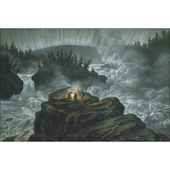 24"x36" Gallery Poster, waterfall Harspranget in polar night with the aurora borealis 1856