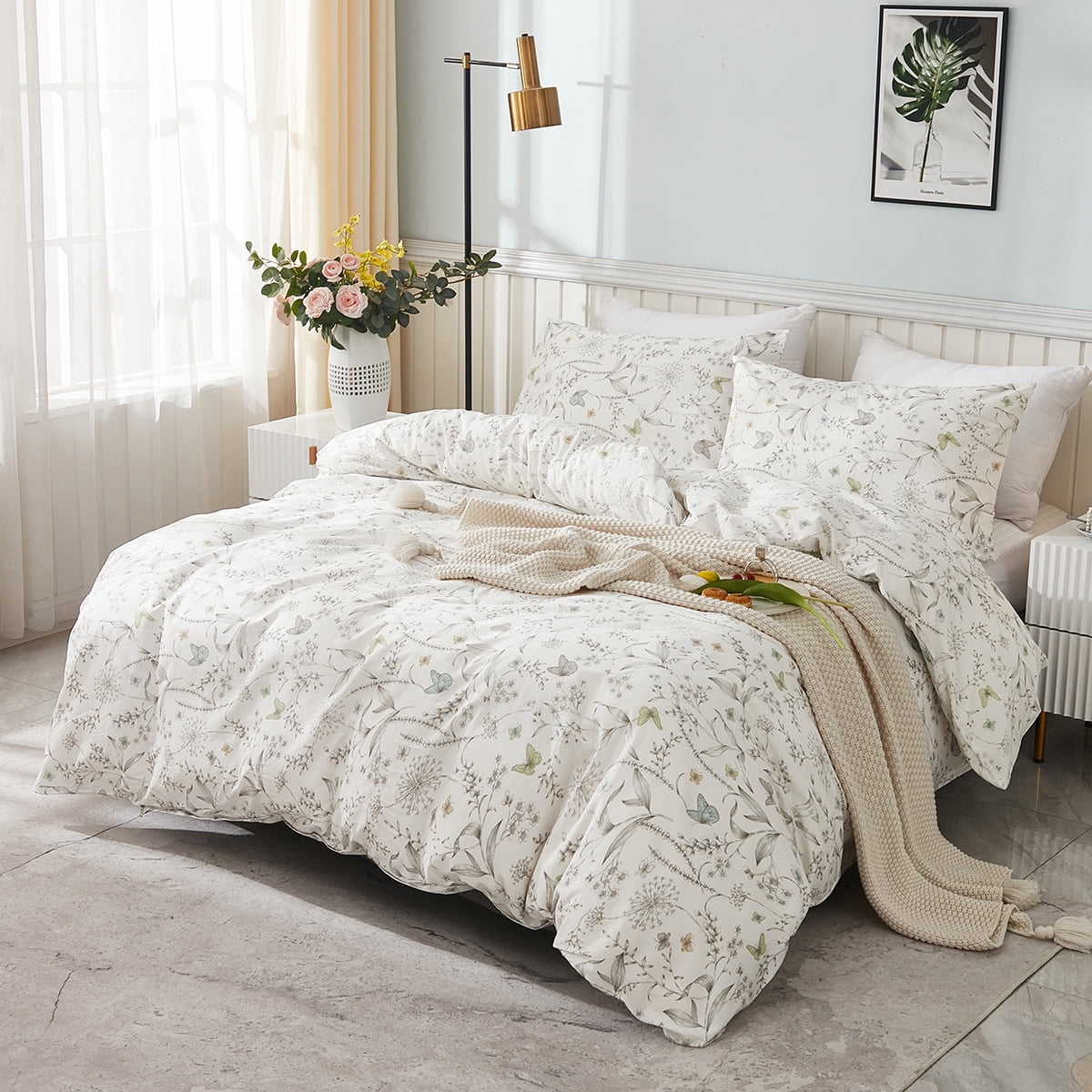 Floral Duvet Cover Set White Organic Cotton Duvet Cover Cottagecore Flower Printed Reversible Bedding Set Queen Size
