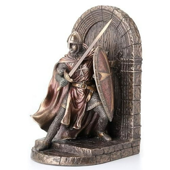 Resin Decorative Bookends Maltese Crusader Statue In Armor Guarding Door Holding Shield & Sword Bookend 4.75 X 7.5 X 4.25 Inches Bronze