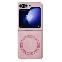 for Samsung Galaxy Z Flip 5 5G Leather Case, [Compatible with MagSafe] PU Leather   Hard PC Shell Slim Durable Protective Wireless Charging Phone Case Cover for Samsung Galaxy Z Flip 5, Pink