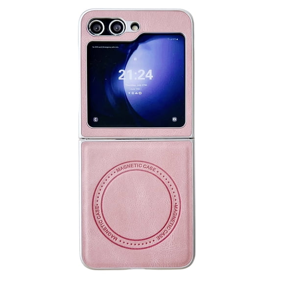 for Samsung Galaxy Z Flip 6 5G Leather Case, [Compatible with MagSafe] PU Leather   Hard PC Shell Slim Durable Protective Wireless Charging Phone Case Cover for Samsung Galaxy Z Flip 6, Pink