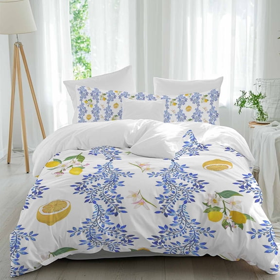 3 Piece Summer Lemon Duvet Cover Set Full Size, Microfiber Comforter/Quilt Cover with Corner Ties and 2 Pillowcases, Navy Blue Spring Floral Botanical All Season Soft Bedding with Zipper Closure