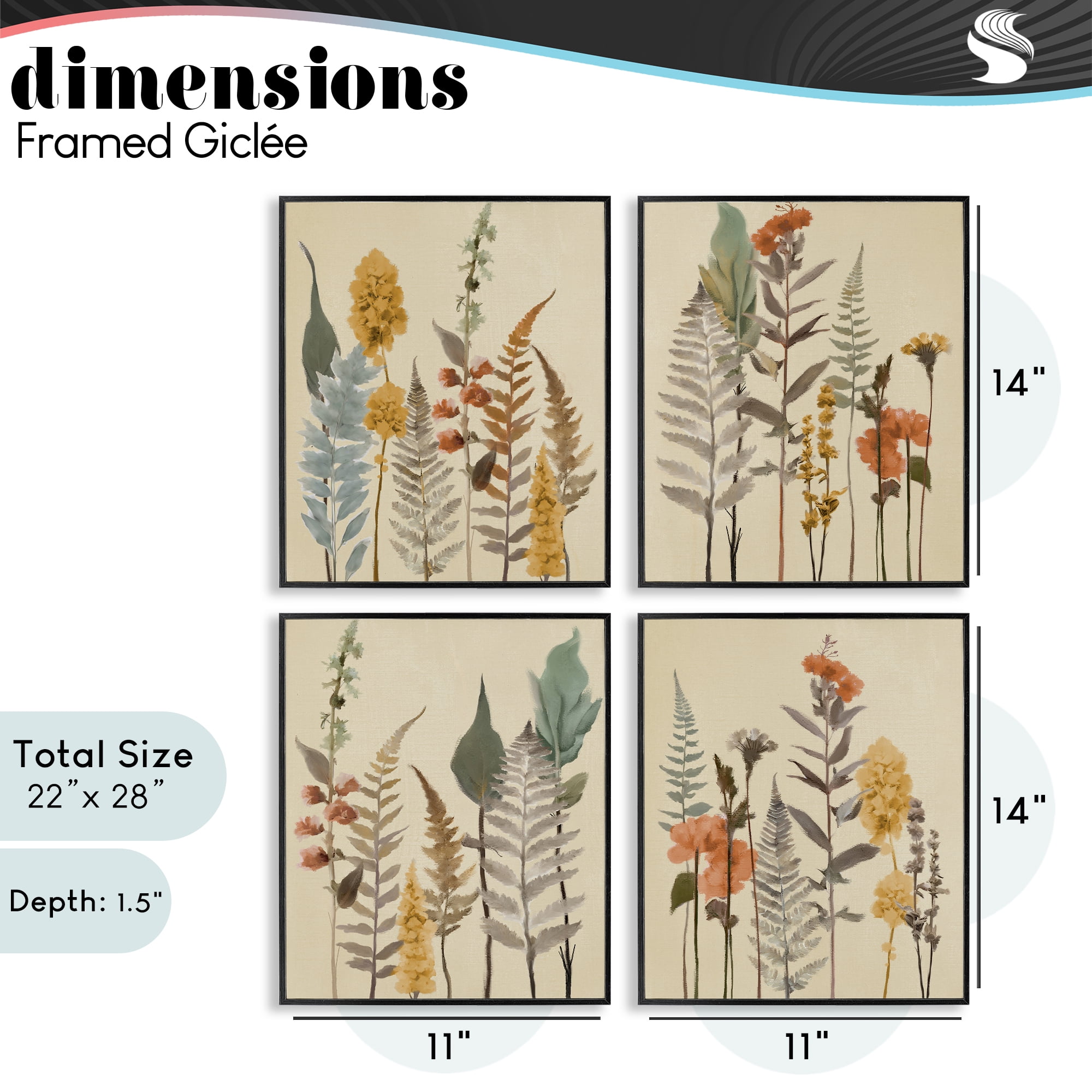 Stupell Industries Wispy Earthy Botanicals 4 Piece Black Framed Giclee Art Set, design by Elizabeth Medley