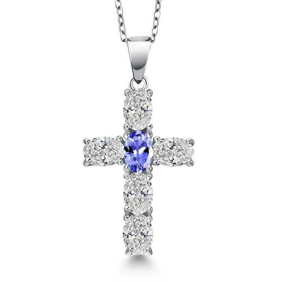 Gem Stone King 925 Sterling Silver Lab Grown Diamond and Blue Tanzanite Cross Pendant Necklace for Women | 2.45 Cttw | Gemstone April Birthstone | Oval 6X4MM | With 18 inch Chain