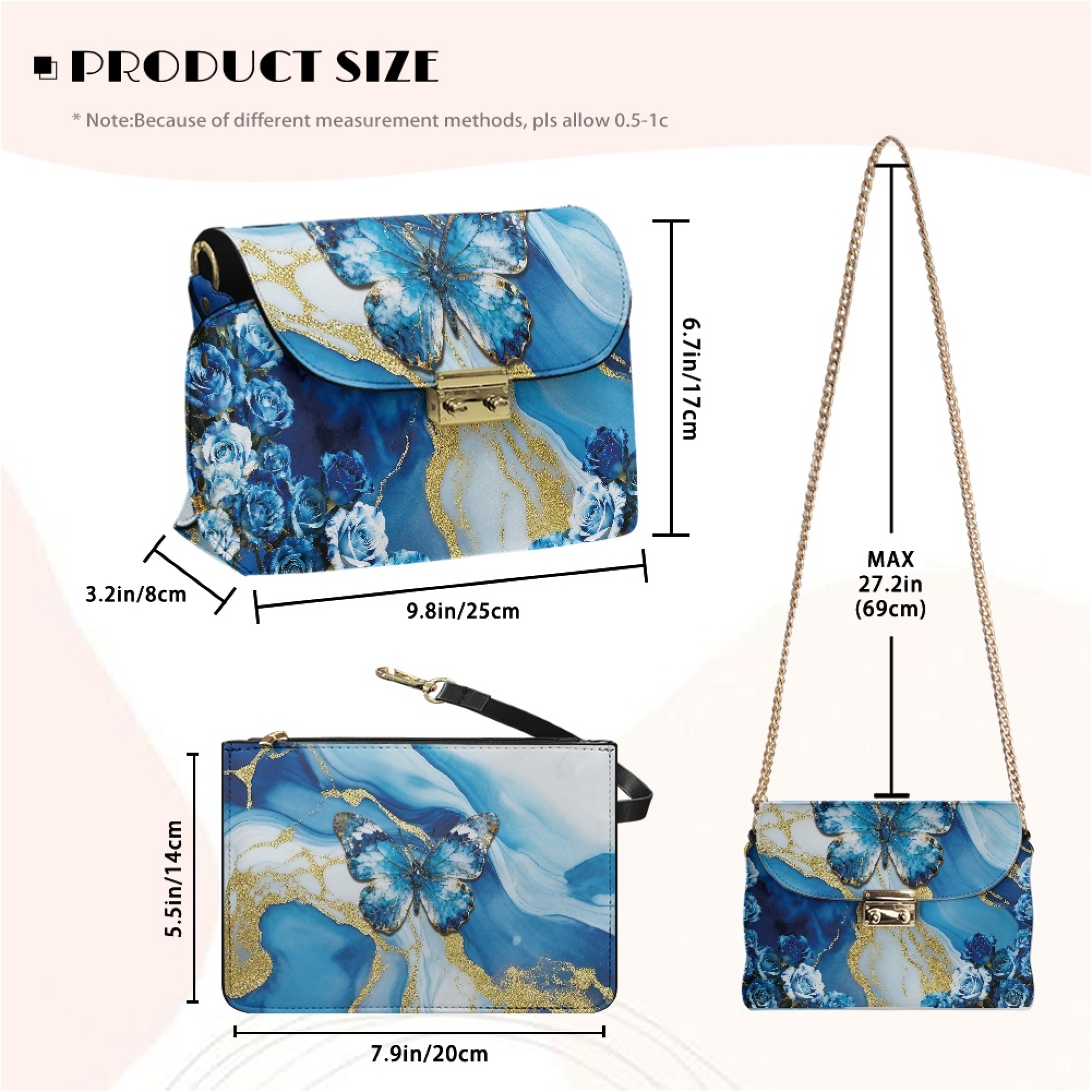 TSOVTHRID Leather Crossbody Purse for Women Waterproof Shoulder Purse with Detachable Chain Small Crossbody Bags Handbags for Travel Party, Blue Butterfly Rose Marble Texture Print