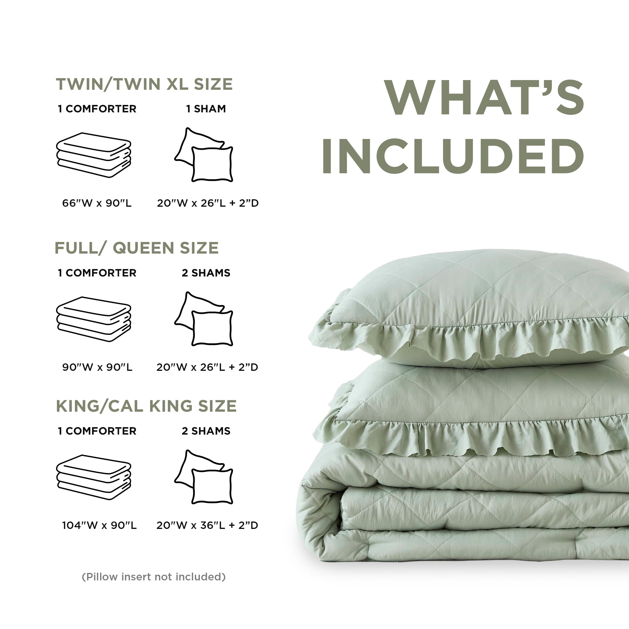 Regency Heights Full/Queen Comforter Set Sage, 3 Pieces Quilted Ruffle Comforters Full/Queen Size, Solid Bedding Comforters Sets, Gift for Women