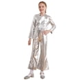 thumbnail image 3 of YEAHDOR Kids Girls Metallic Disco Dance Jumpsuit Long Sleeve Bell-Bottomed Bodysuit Halloween Party Outfit Silver 8, 3 of 7