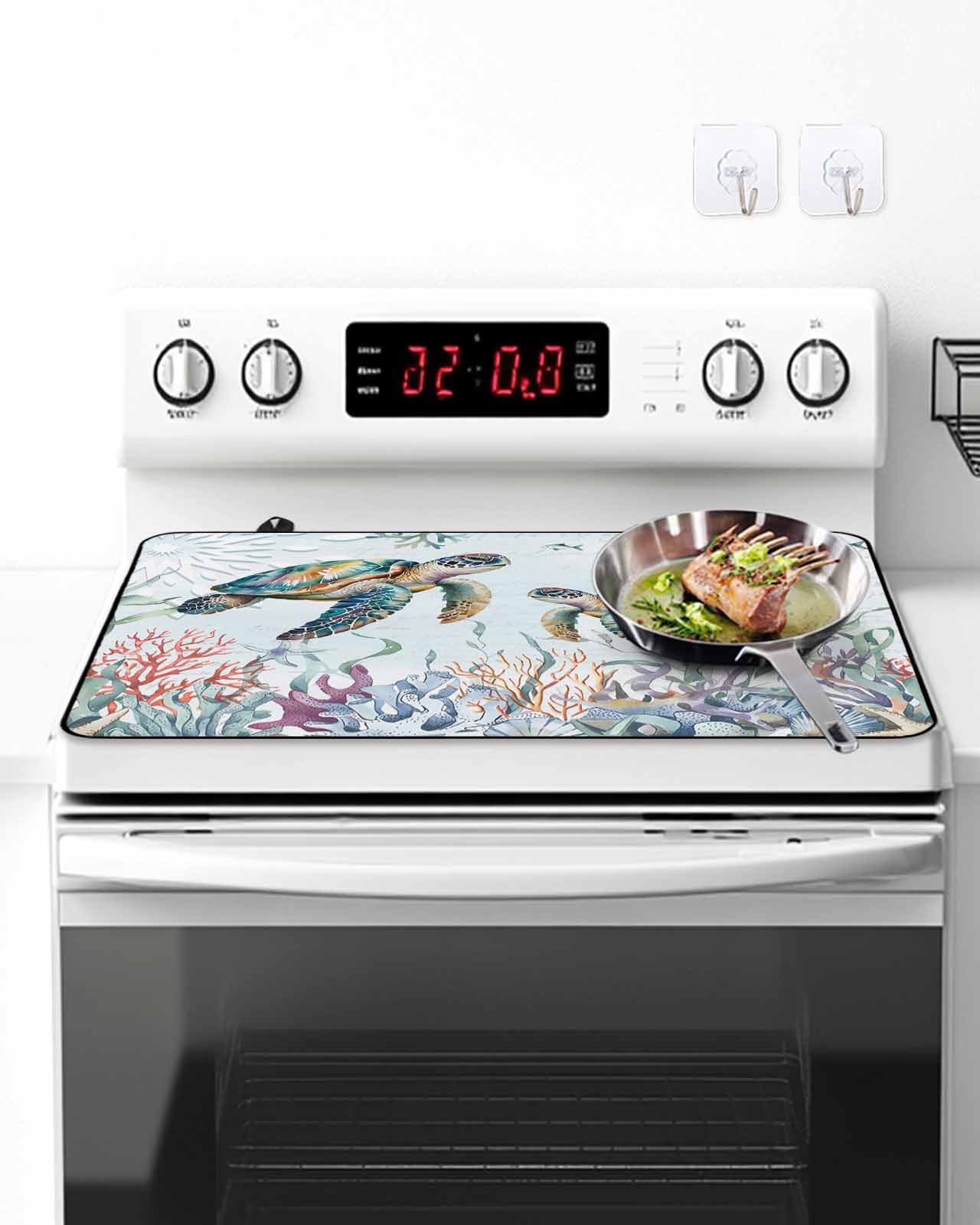 Stove Top Covers for Electric Stove, Coastal Turtle Glass Stovetop Cover Protector, Ocean Starfish Coral Nautical Octopus Induction Cooktop Protector Oven Mat for Kitchen Countertop 24"x21"