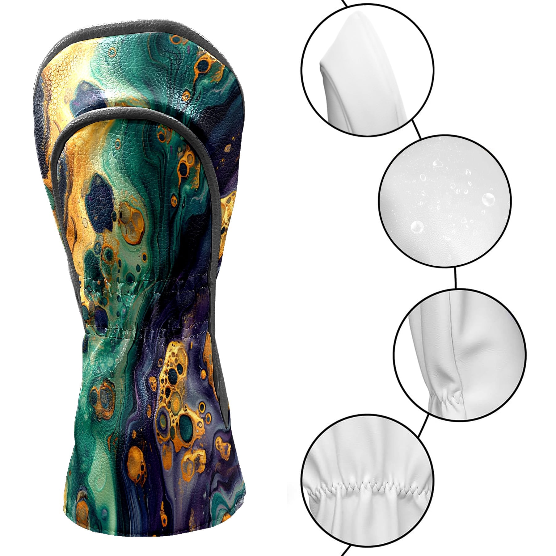 Golf Club Covers, Teal GoldMarble Premium PU Leather Driver Hybrid Putter Head Covers with Velvet Lining, Waterproof Golf Gifts for Men Women