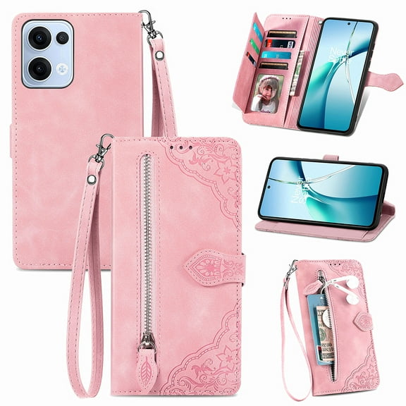 Phone Case for OPPO Reno 13, Shockproof PU Leather Wallet Case with Card Slots Anti-Scratch Stand Magnetic Flip Zipper Pocket Cover for OPPO Reno 13, Pink