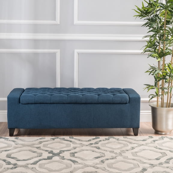 Euroco 51" Fabric Storage Ottoman Bench, Upholstered Padded Storage Bench for Living Room,Bedroom,End of Bed Bench, Navy Blue