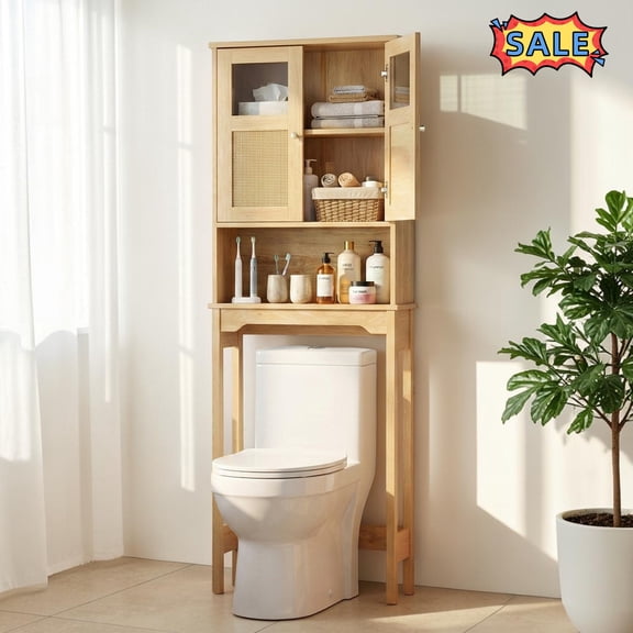 Tcbosik Over the Toilet Storage Cabinet, Bathroom Shelf Organizer with Adjustable Shelf and 2 Rattan Doors, Freestanding Space Saver, Natural
