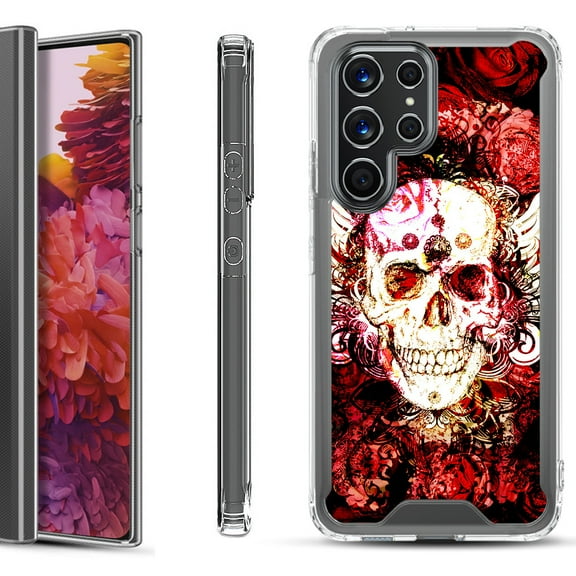 Shockproof Bumper Phone Case for Samsung Galaxy S22 Ultra 5G, by OneToughShield ® - Rose Skull