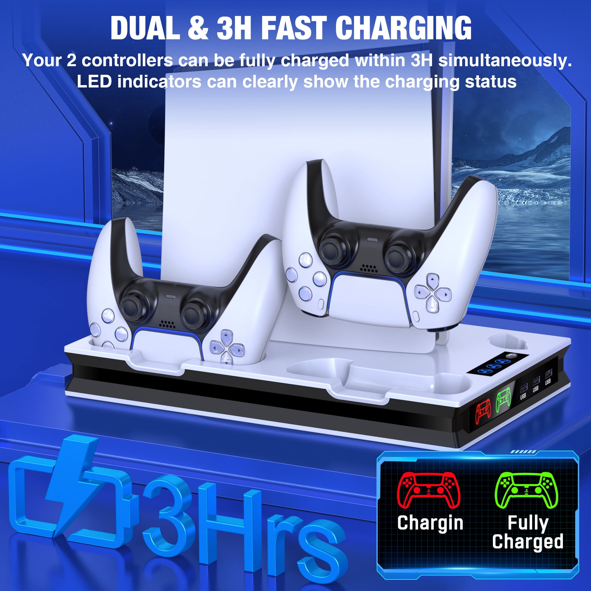 PS5 Slim Stand Cooling Station for Playsation 5 Pro/Slim Console Disc/Digital,PS5 Accessories Cooling Stand with 3-Level Cooling Fan,Dual PS5 Controller Charger,Headset Holder