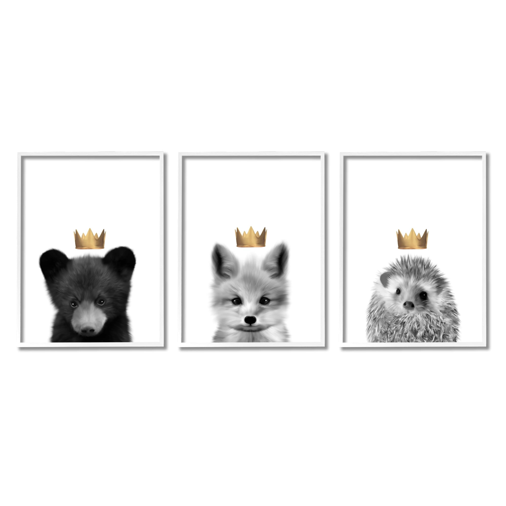 Stupell Indtries Woodland Animals Bold Crowns Black Bear Fox Hedgehog,11 x 14,Design by Leah Straatsma