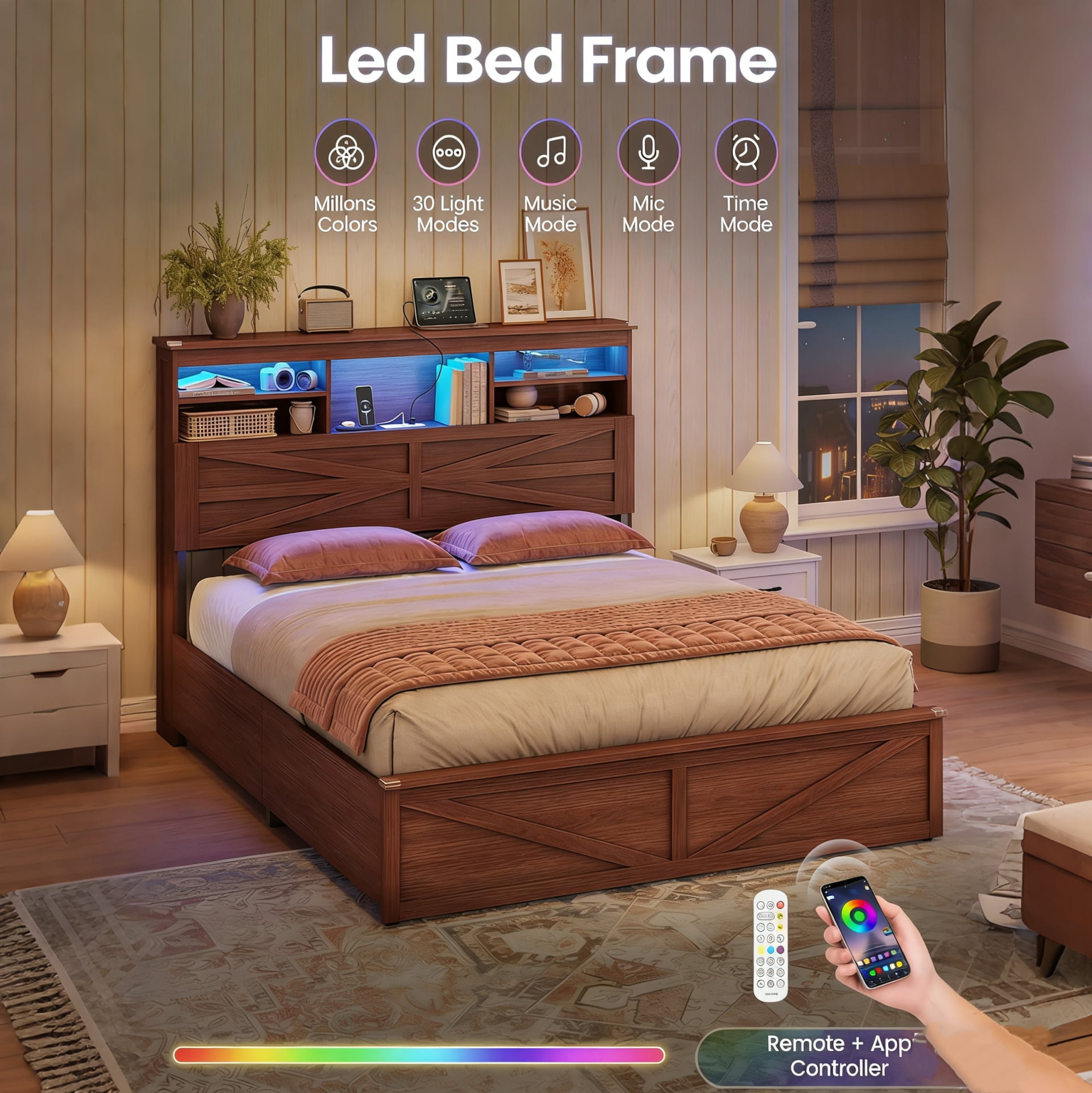 Farmhouse Queen Size Bed Frame with Lift Up Storage, Hidden Bookcase Headboard, LED Lights & Charging Station - No Box Spring Needed, Brown