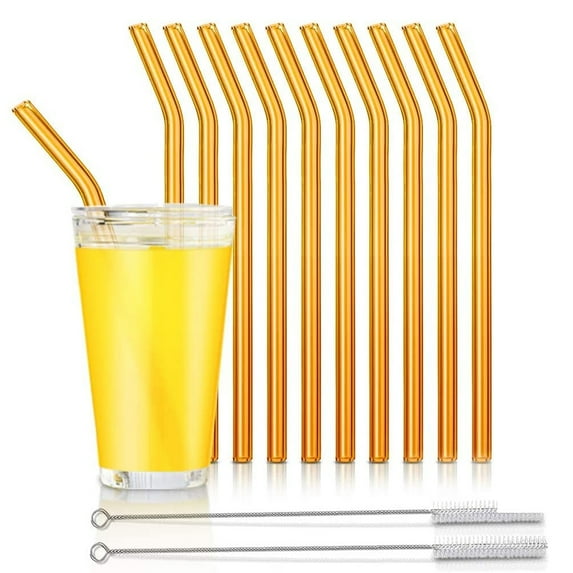 10 Pack Reusable Glass Straws, Bent Glass Drinking Straws with 2 Cleaning Brushes, for Smoothies, Milkshakes, Juice