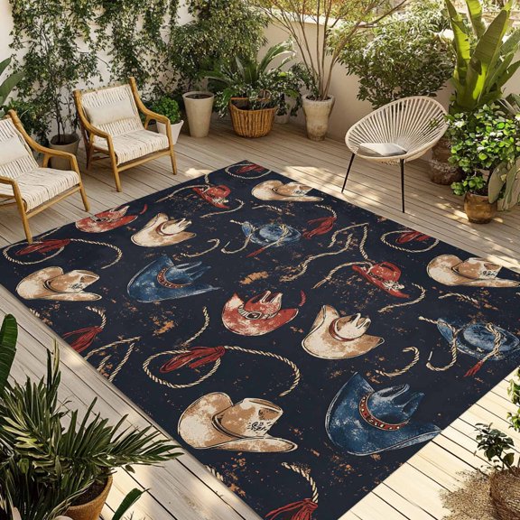 Fsddascl Brown Black Red Blue Cowboy Outdoor Rug for Patio/Deck/Porch, Non-Slip Large Area Rug 4 x 6 Ft, Country Western Vintage Indoor Outdoor Rugs Washable Area Rugs, Reversible Camping Rug Carpet