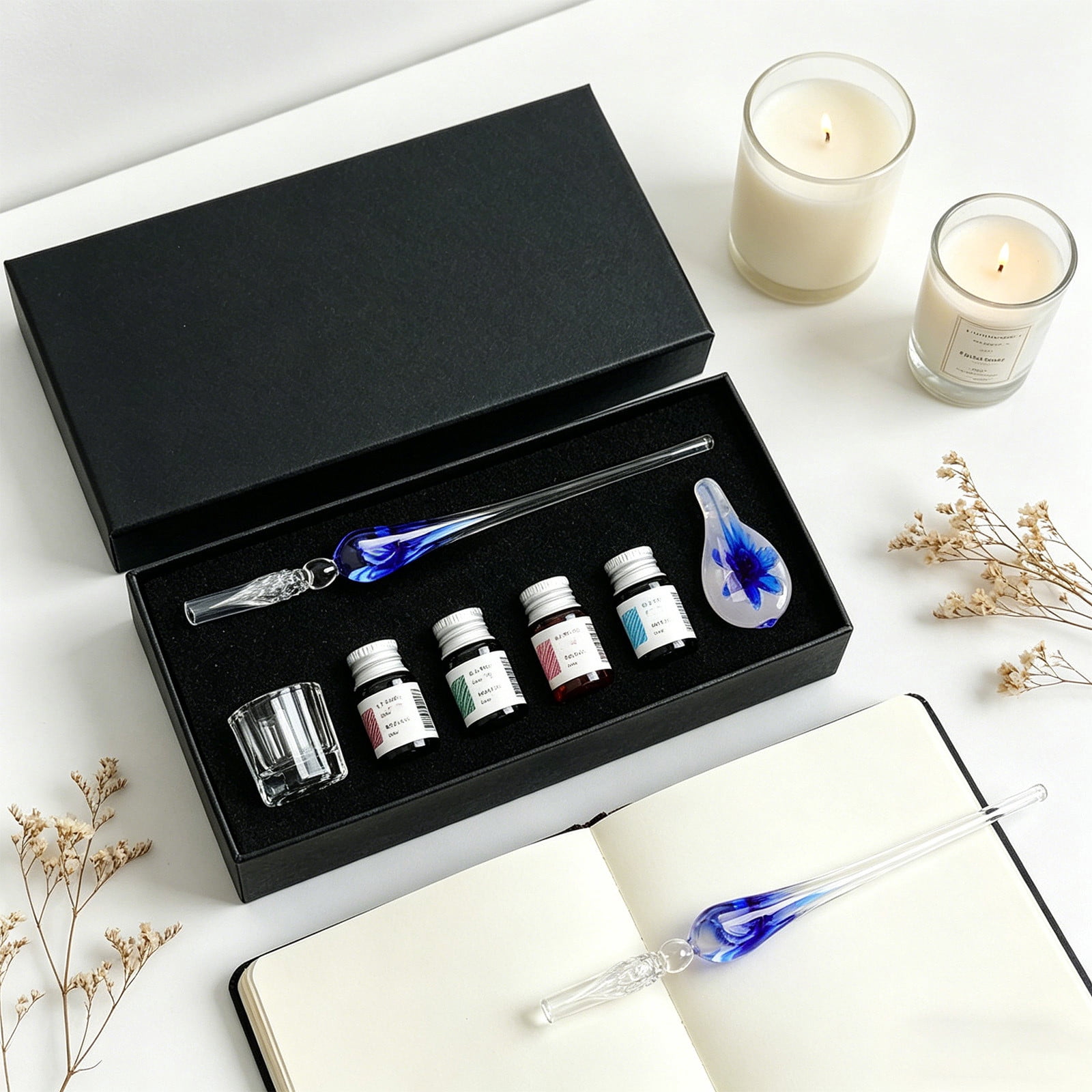 Xheghe Crystal Glass Pen Set with Ink Bottles, Brush Washing Cup & Pen Rack - Ideal Gift for Writers and Professionals