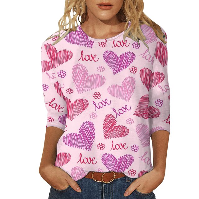 SZXZYGS T-Shirts Graphiques pour Femmes Crop Top Nœud T-Shirt Manches Trois-Quarts Imprimé Saint-Valentin Col Rond Été 2024