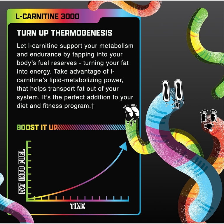 Nutrex Research Liquid L-Carnitine 3000 Sour Gummy Worms Fat Metabolism  Energy Support Drink 31 Servings
