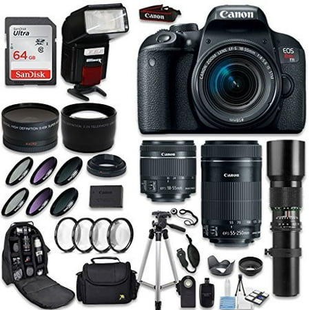 Canon EOS Rebel T7i DSLR Camera + 18-55mm IS STM Lens + Canon 55-250mm Lens & 500mm f/8.0 Lens + 0.43 WideAngle Lens + 2.2 Telephoto Lens + Macro Close-ups + Accessories (Special