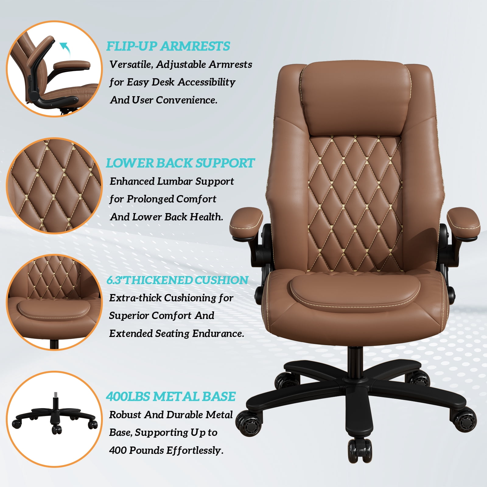 Ninecer Big and Tall Office Chair 400lbs, High Back Executive Computer Desk Chair with PU Leather, Ergonomic Swivel Chair with Adjustable Height, Rocking Function and Padded Flip-up Armrests, Brown