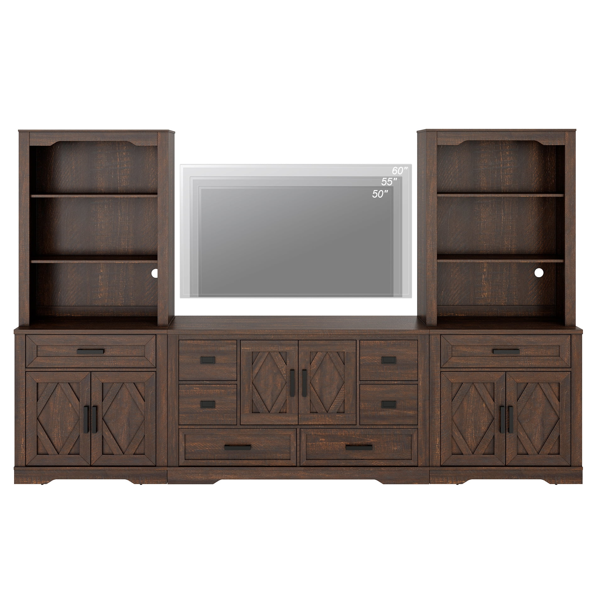 WAMPAT Farmhouse Entertainment Center with Bookshelf for TVs up to 60",Mid Century Modern TV Stand with 73"H Tall 5-Tier Bookcase with Open Storage and Barn Doors for Living Room,Bedroom,Brown