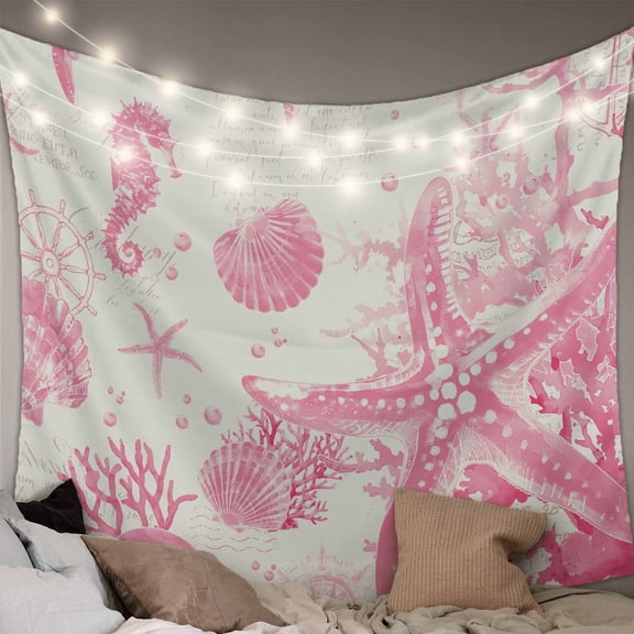 Pink Coastal Starfish Tapestry for Bedroom Wall Hanging Tapestry, Nautical Beach Conch Seashhells Ceiling Backdrop Tapestries Poster Blanket Wall Decor for Teens Room Living Room Dorm 59" x 79"