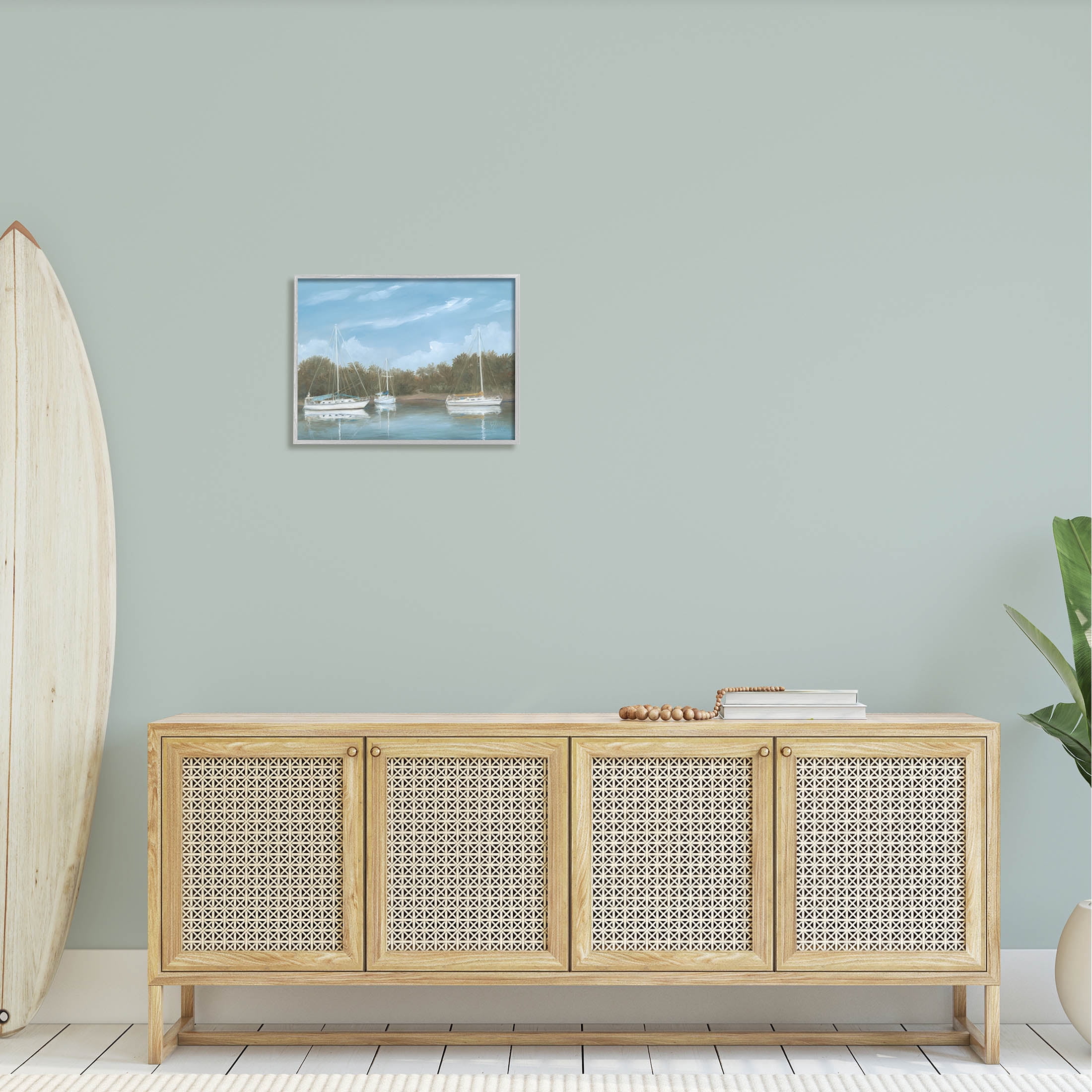 Drifting Boats Nautical Marina Landscape Painting Gray Framed Art Print Wall Art