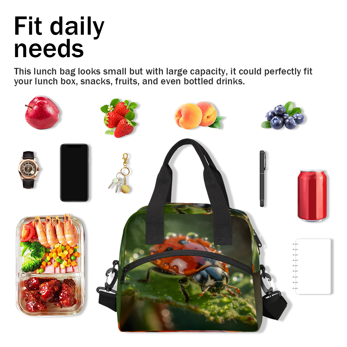 Herdesigns Leaf ladybugs Insulated Lunch Bag for Women Men Adults Large Reusable Lunch Box Red Ladybugs Leakproof Cooler Tote Bags with Adjustable Shoulder Strap