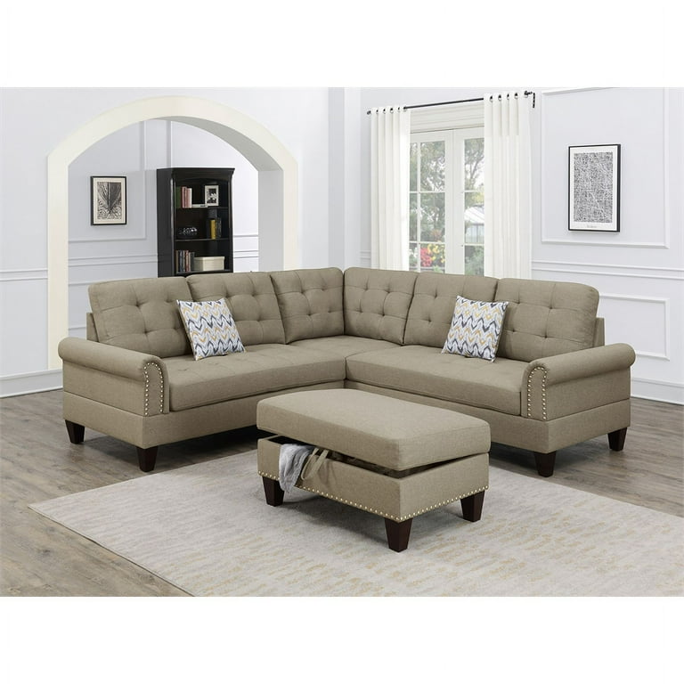 Poundex 3 Piece Fabric Sectional Sofa Set with Storage Ottoman in