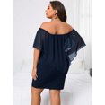 thumbnail image 7 of Navy Blue Plus Size Off-Shoulder Fitted Mini Dress With Sheer Flounce Overlay, 7 of 7